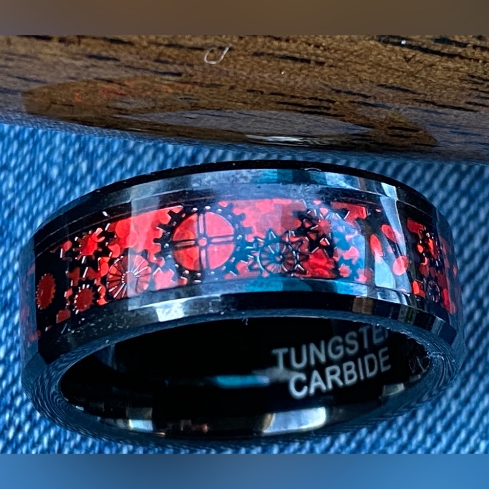 Men's Gear Wedding Ring Tungsten Carbide Black & Red Gears Design Ring Size 10